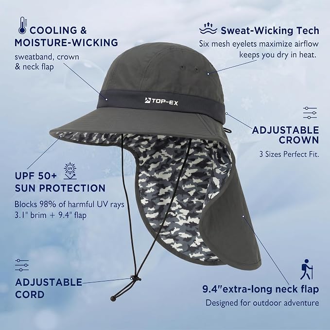 TOP-EX Cooling Sun Hat with Neck Flap – UPF 50+ Wide Brim Breathable Hat for Hiking, Fishing & Big Heads