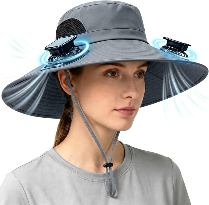 Solar Powered Fan Hat for Men Women Wide Brim Hat with 2 Fans UPF 50+ Outdoor Fishing Beach Sun Hat