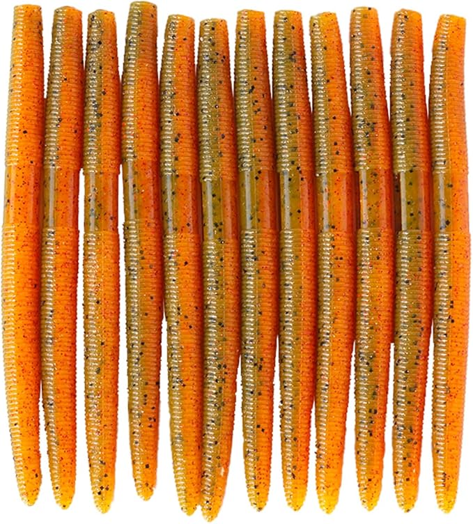 Senko Bait Soft Plastic Lures 5" Senkos 24 Pcs/100pcs for Wacky Rig Freshwater Fishing Green Pumpkin senko with Black Flake Pink Watermelon Double Color