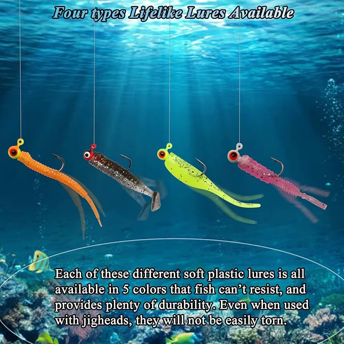 Dovesun Crappie Lures Kit Fishing Soft Plastic Lures Crappie Walleye Trout Bass Fishing Baits Fishing Grub Worms Minnow Paddle-Tail Split-Tail Grub Swimbaits 50-100Pcs with Tackle Box