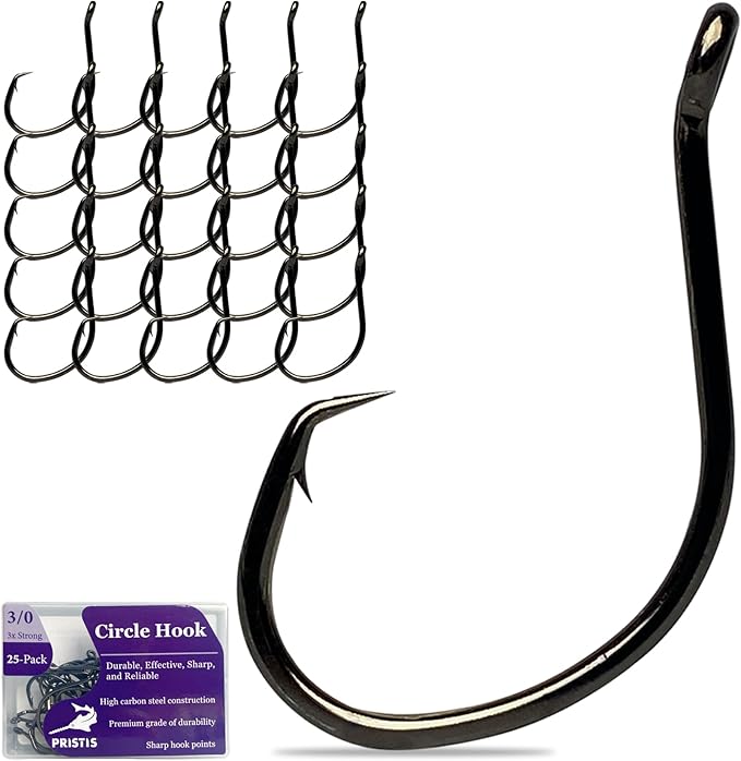 Pristis 25 Pack High Carbon Steel Fishing Hooks, Reinforced EWG Circle Octopus Round Bend 60 Degree Wide Gap Strong Barbed Worm Fish Hook Jig Bait Rig for Saltwater Freshwater Bass Tuna Walleye Trout