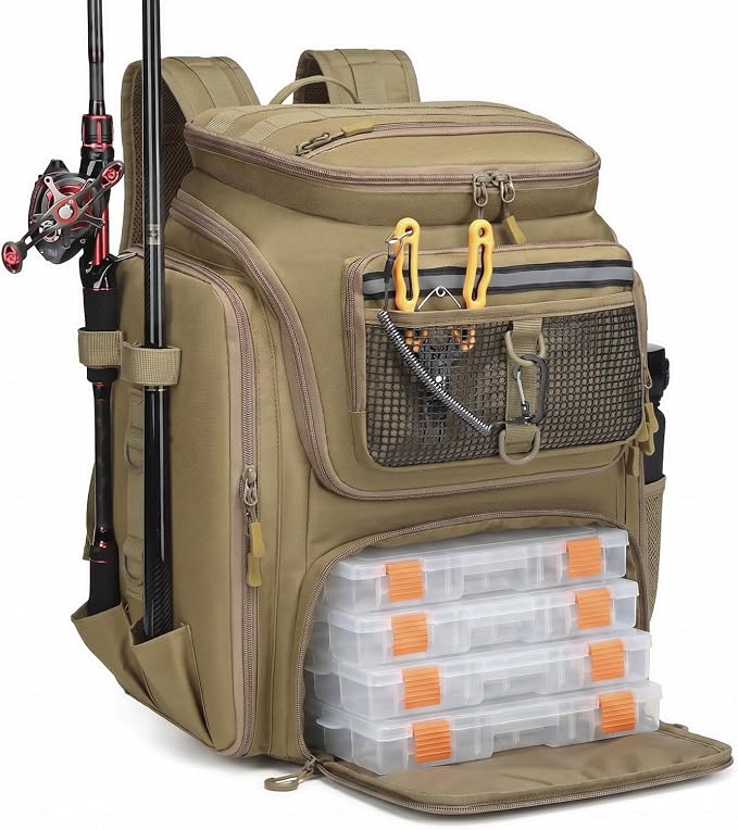 HAMBOLY Fishing Backpack 45L with Rod Holders, Water-Resistant Tackle Backpack for Fishermen, Large Capacity Fishing Gear Bag for Travel Hiking Camping