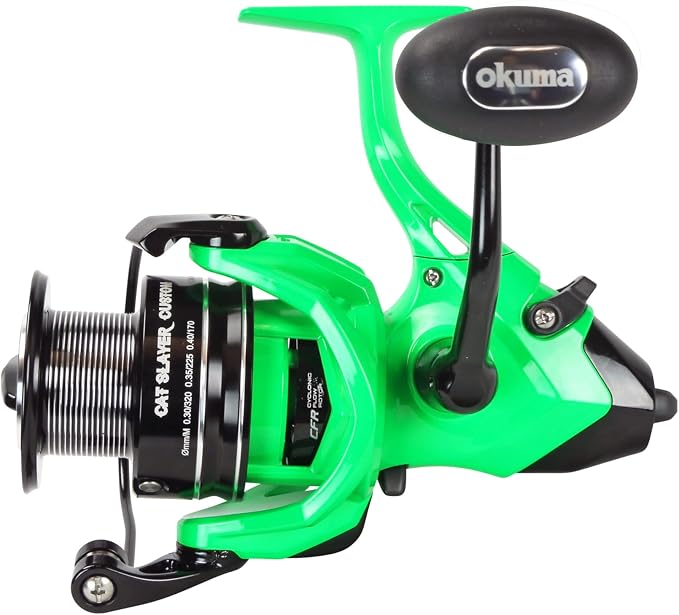 Okuma Cat Slayer Custom 6000 Baitfeeder Reel – Catfish Spinning Reel with Dual Force Drag, Flite Drive System & UV Reactive Neon Green Finish, CSCF-6000NG
