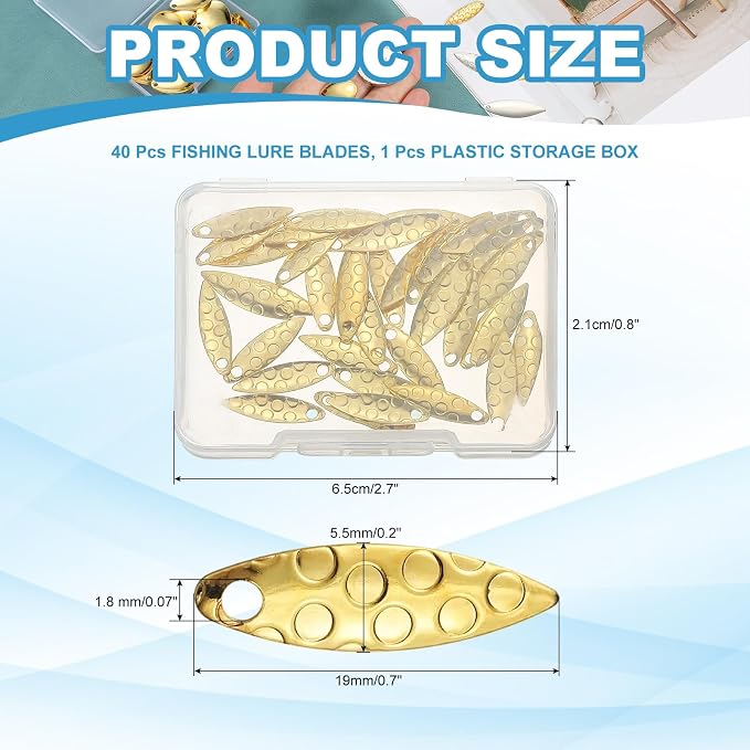 PATIKIL Fishing Lure Blades, Round Fishing Spinner Baits Willowleaf Lure Spinner Lure Making Part with Plastic Storage Box for Bait Fishing Accessories