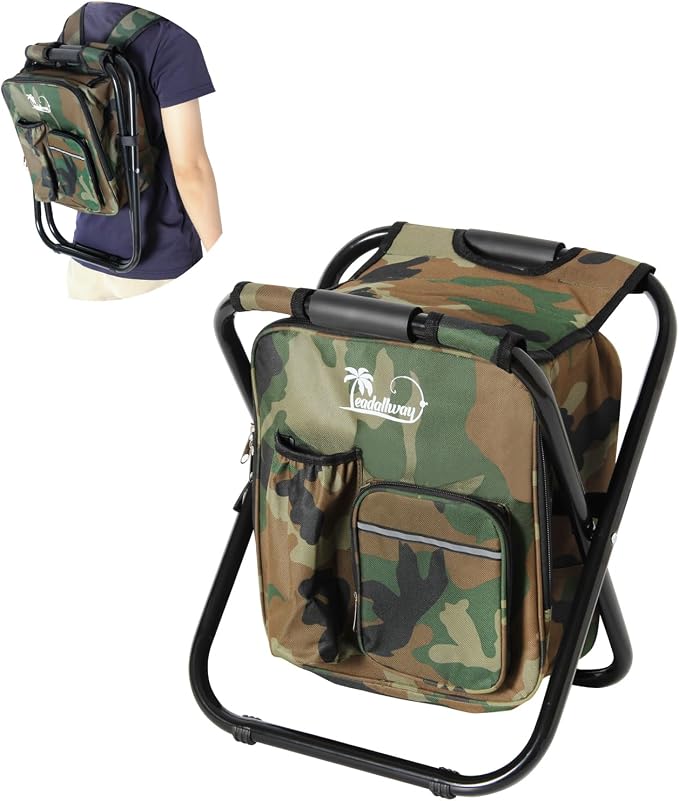 LEADALLWAY Backpack Fishing Chair with Cooler Bag Foldable Stool,Fishing Hunting Gifts for Men,Outdoor,Camping,Paints,BBQ,Beach,Picnic,Hiking,Concert(Camouflage Backpack Chair)