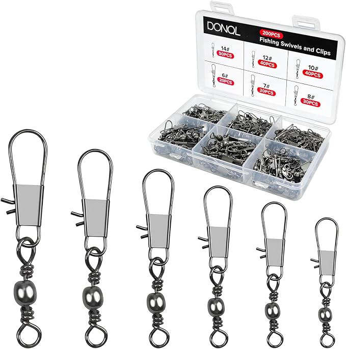 DONQL Fishing Swivels Snap 200pcs Swivels Fishing Tackle, Barrel Swivel Barrel Swivels with Snaps, Available #14#12#10#8#7#6, for Saltwater, Freshwater, Leader, Line, Lure Connector
