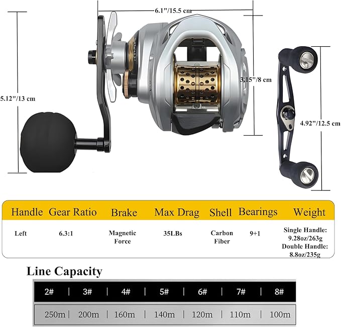 Carbon Fiber Baitcasting Reel, Baitcasting Fishing Reel for Trout Fishing, 35lbs Max Drag, 6.3:1 Gear Ratio, Double Row Magnetic Brake