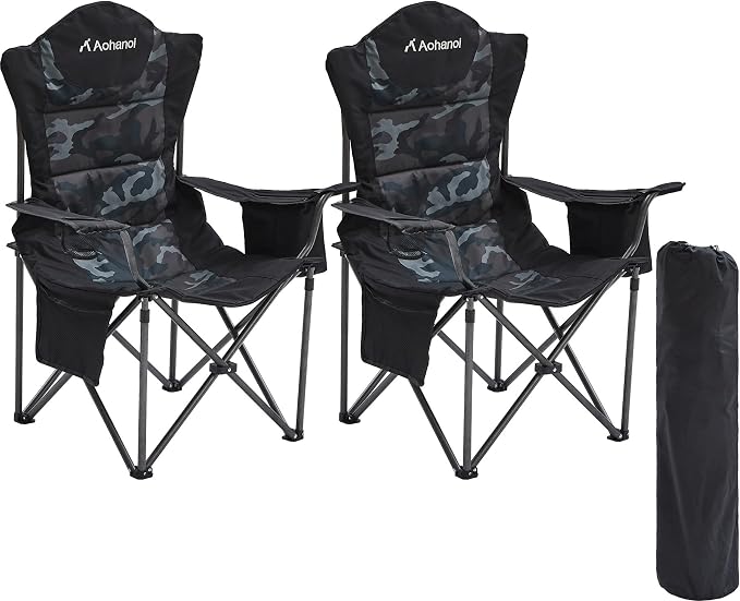 Aohanoi Camping Chairs for Heavy People,Folding Lawn Chairs for Outside Heavy Duty,Outdoor Oversized Chairs for Adult with Cup Holder and Large Cooler Bag,Beach Camp Chairs Supports up to 500lbs