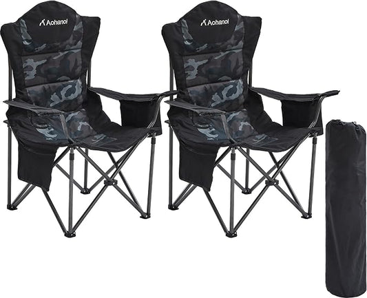 Aohanoi Camping Chairs for Heavy People,Folding Lawn Chairs for Outside Heavy Duty,Outdoor Oversized Chairs for Adult with Cup Holder and Large Cooler Bag,Beach Camp Chairs Supports up to 500lbs