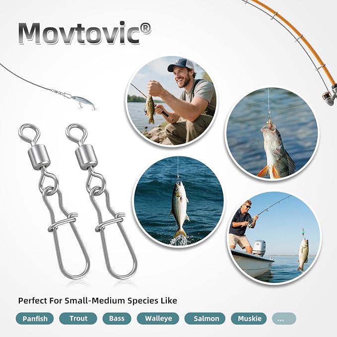 70 Pcs Corrosion Resistance Fishing Swivels & Snaps, 7 Sizes Detachable Snap Swivels, Convenience Pack Swivels Fishing Tackle for Recreational Fishing