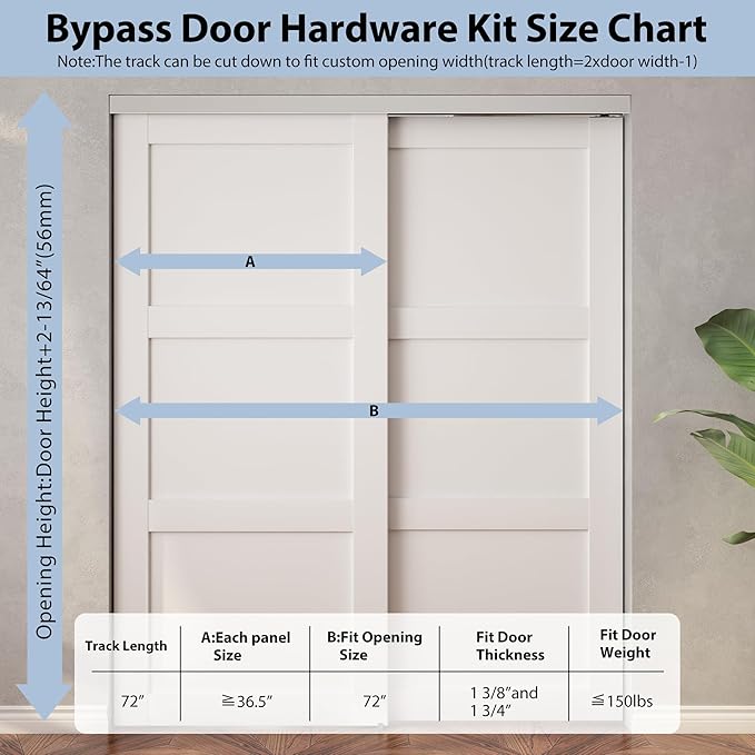 Sdstone Heavy Duty Bypass Door Hardware 72"/6FT,Aluminum Sliding Closet Door Track Hardware for Cabinet Closet, Pocket Door Track Rail Set, Smoothly and Quietly