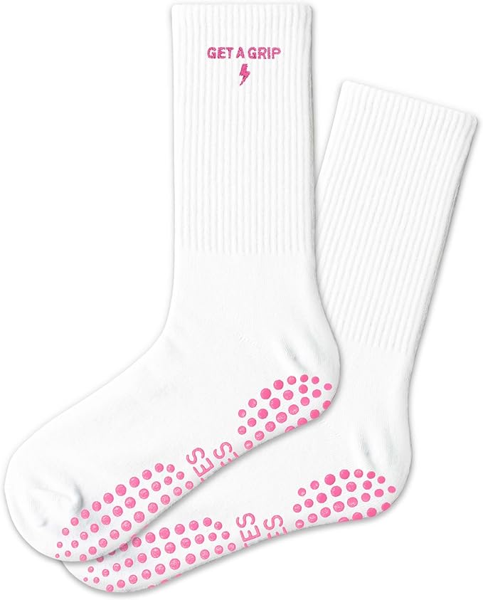 Cute Pilates Grippy Socks, Pink Pilate Gifts for Women, Crew Grip Socks for Studio Pilate.