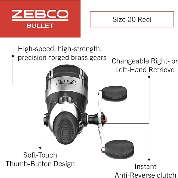 Zebco Bullet Spincast Fishing Reel, Durable All-Metal Construction, Solid-Brass Pinion Gear, Pre-Spooled with 10-Pound Zebco Fishing Line, Black