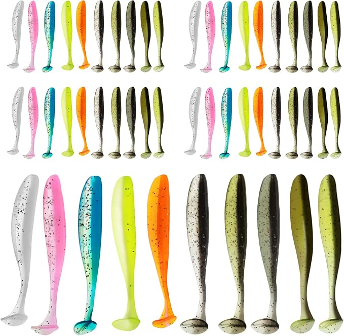 50 Pcs Soft Plastic Baits Paddle Tail Swim Baits Fishing Lures Glide Bait Paddle Tail Swimbaits Lures Bass Fishing Bait Pre-Rigged Jig Head Soft Fishing Lures Kit Trout for Saltwater Freshwater