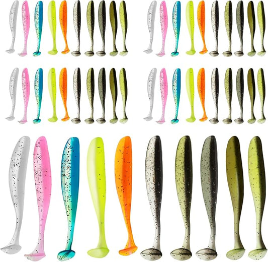 50 Pcs Soft Plastic Baits Paddle Tail Swim Baits Fishing Lures Glide Bait Paddle Tail Swimbaits Lures Bass Fishing Bait Pre-Rigged Jig Head Soft Fishing Lures Kit Trout for Saltwater Freshwater