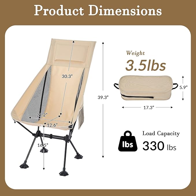 High Back Lightweight Camping Chair for Adults with Wide Seat and Head Support,Ultralight Compact Backpacking Chair with Anti-Sinking Large Feet and Storage Bag for Travel,Naturehike,Hiking