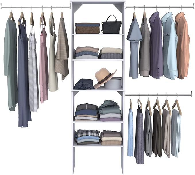 ClosetMaid SuiteSymphony Wood Closet Organizer Starter Kit with Tower and 3 Hang Rods, Shelves, Adjustable, Fits Spaces 5 – 10 ft. Wide, Pure White