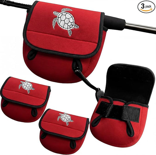 3 Pcs Fishing Spinning Reel Cover with Turtle Embroidery Baitcasting Trolling Fishing Reels Neoprene Protective Case Pouch Sleeve Gloves Bags Fits 2000-3000 Series Reel(Red,Classic)