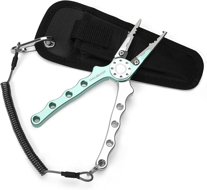 HAUSHOF 3PC Fishing Tool Kit, Stainless Steel Fish Lip Gripper, Aluminum Fishing Pliers with Sheath, Fish Hook Remover with Safety Coiled Lanyard