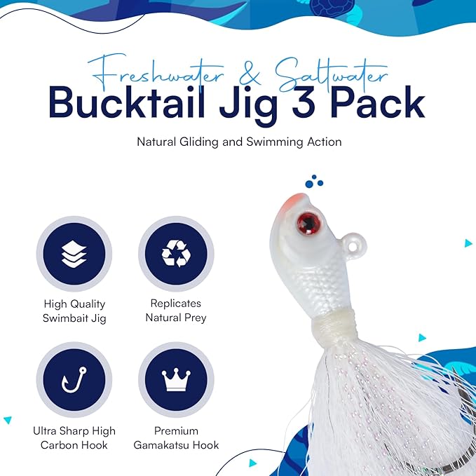Bucktail Jigs 3 Pack – Hand-Tied Bucktail Hair Fishing Lures | Unique Gliding Head | Saltwater & Freshwater | Striper, Bass, Flounder, Walleye, Fluke | Multiple Weights Available
