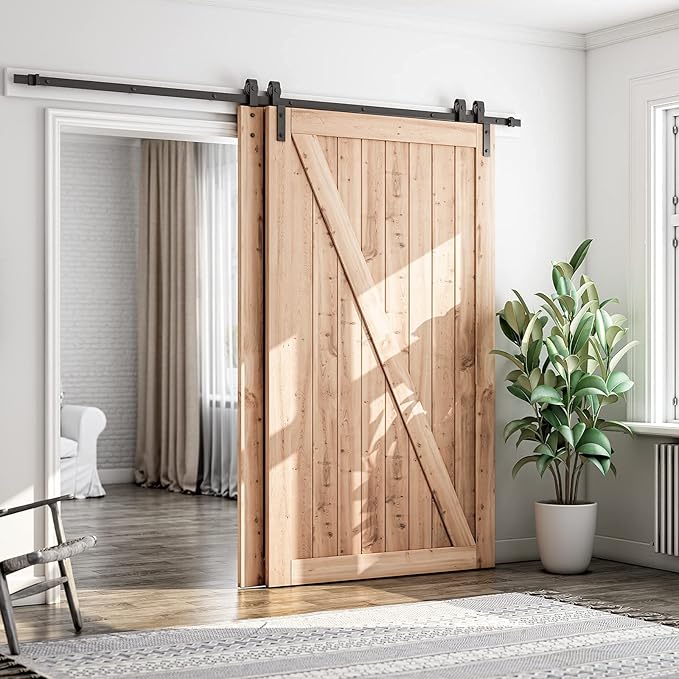 SMARTSTANDARD 9 Feet Bypass Sliding Barn Door Hardware Kit - for Double Wooden Doors-Single Track - Smoothly & Quietly - Easy to Install-Fit 96" Opening