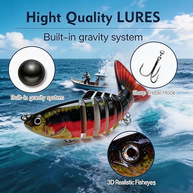 Multi Jointed Swimbait Hard Lure, 3.7in Slow Sinking Fishing Lures with Realistic S-Shaped Swimming Action, Built-in Gravity Transfer System & #6 Treble Hooks for Bass, Trout, Pike, Topwater Lure