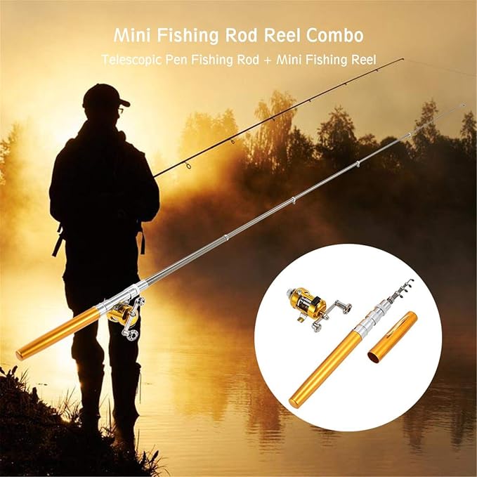 Jatzde Mini Portable Pocket Fish Rod Pen Aluminum Alloy Fishing Rod Pole Reel Combos…