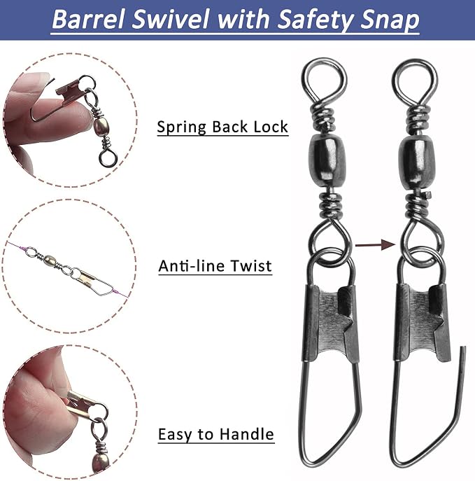 Fishing Snap Swivels Rolling Barrel Swivels with Safety Snaps High Strength Copper and Stainless Steel, Black Nickel Coated Quick Connect Swivel Snap Fishing Tackle