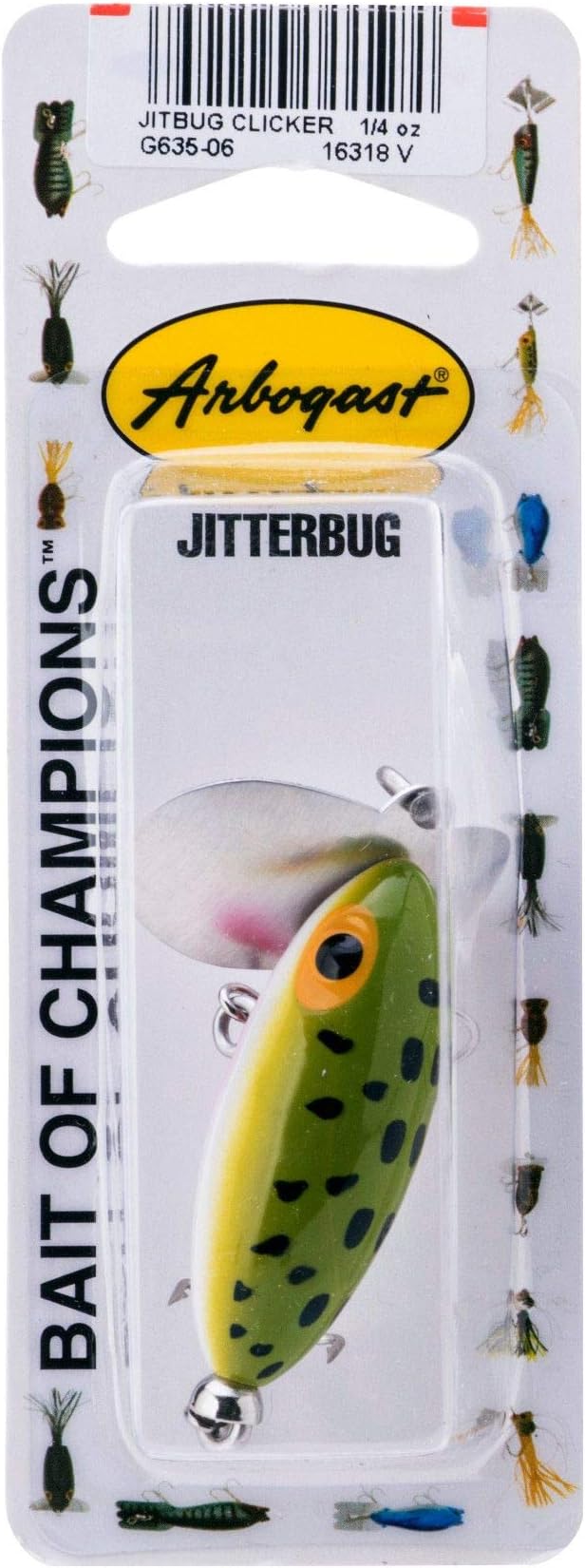 Arbogast Clicker Jitterbug Topwater Bass Fishing Lure, Excellent for Night Fishing, Frog White Belly, 2", 1/4 oz