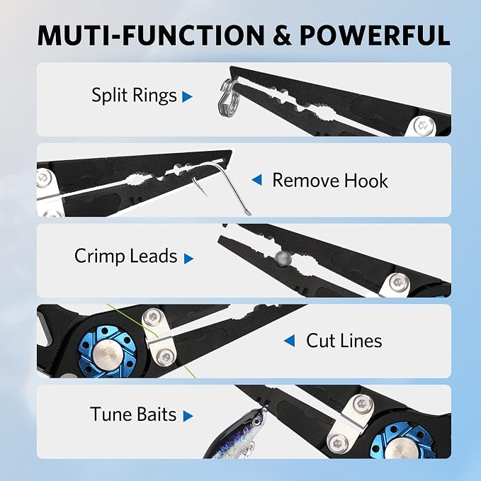 Saltwater Fishing Pliers, Split Ring Pliers for Fishing with Safety Lock, Fish Pliers with Sheath and Lanyard, Fishing Gifts for Men