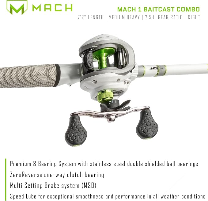 Lew's MACH 2 Spinning Reel and Fishing Rod Combo, IM8 Graphite Blank Fishing Rod, Right or Left-Hand Retrieve, Winn Dri-Tac Ultra Handle, Black/Green