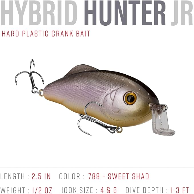 Strike King Hybrid Hunter Shallow Jr. Fishing Lure, Shallow Diving Crankbait, 90-Degree Bill, 3D Eyes, Loud Rattle, Dives 1 to 3-Feet,Size 4 & 6 Treble Hooks