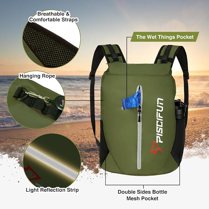 Piscifun Dry Bag Waterproof, Lightweight Dry Backpack Roll-Top Sealed with Waist Pouch and Phone Case Keeps Gear Dry Inside for Kayaking, Boating