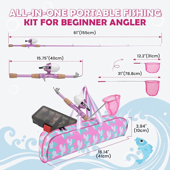 Kids Fishing Pole, Portable Telescopic Kids Fishing Poles for Boys Girls Youth, Fishing Rod and Reel Combo