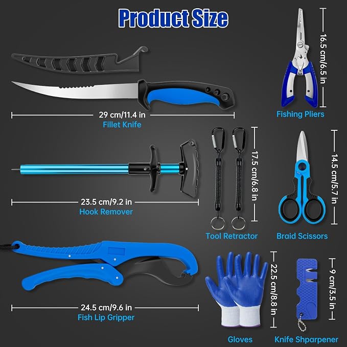 Fishing Gear, 9 PCS Fishing Tool Kit, Fishing Accessories with Fillet Knife, Fishing Pliers, Hook Remover, Scissors, Fish Lip Gripper, Retractor, Sharpener, Gloves, Fishing Gifts for Men