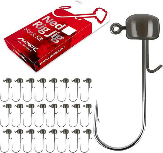 MadBite by KastKing Ned Rig Jig Heads for Soft Fishing Lures, 24-Pack Finesse Standard Mushroom Stand-up Ned Heads Kit, Needle Point Saltwater & Freshwater Versatility Ned Rig Hooks 1/8, 1/16, 3/16 oz