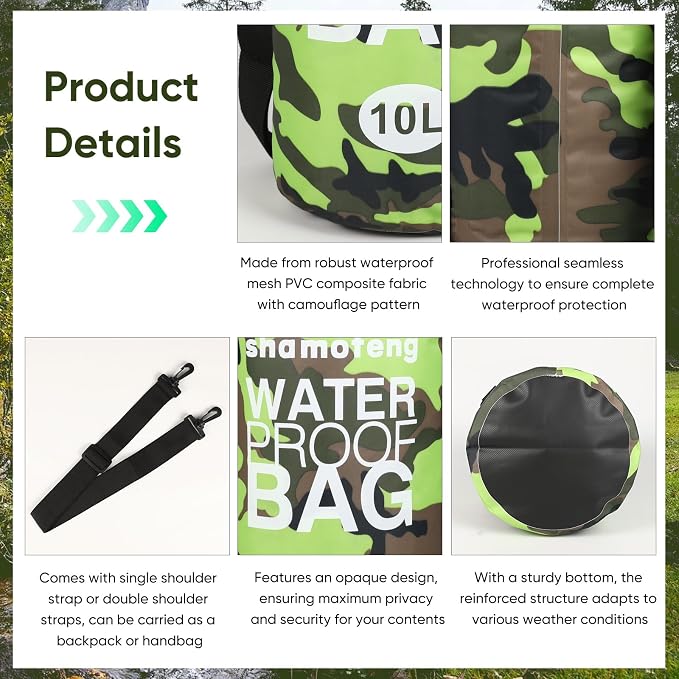 Waterproof Dry Bag 5L/10L/15L/20L/30L Roll Top Dry Storage Backpack with Phone Case, Collapsible Water Bottle, Sunglasses, Ear Band for Kayaking Boating Swimming Fishing Camping, Green 30L
