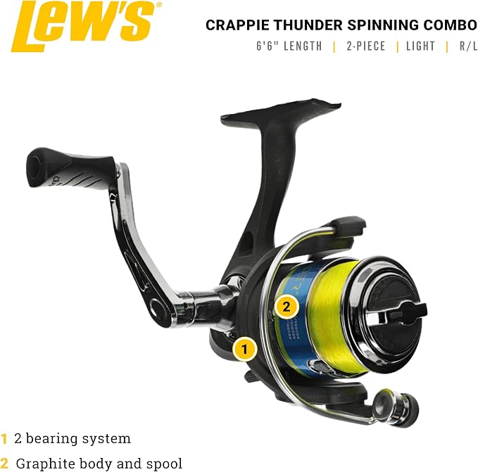 Lew's Crappie Thunder Spinning Reel and Fishing Rod Combo, 2-Piece IM6 Graphite Blank, Right or Left-Hand Retrieve