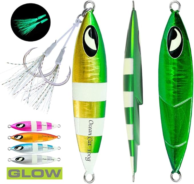 OCEAN CAT Lead Metal Flat Slow Fall Pitch Fishing Jigs Lures Sinking Vertical Jigging Bait with Butterfly Hook for Saltwater Fishing