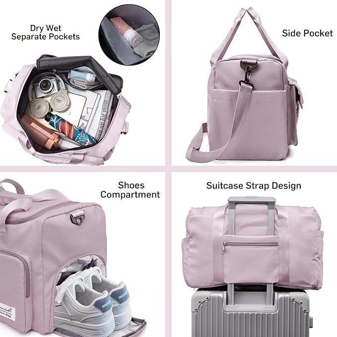 Suruid Travel Duffel Bag with Shoes Compartment Sports Gym Bag with Dry Wet Separated Pocket for Men and Women, Overnight Bag Weekender Bag Training Handbag Yoga Bag - Brown Pink