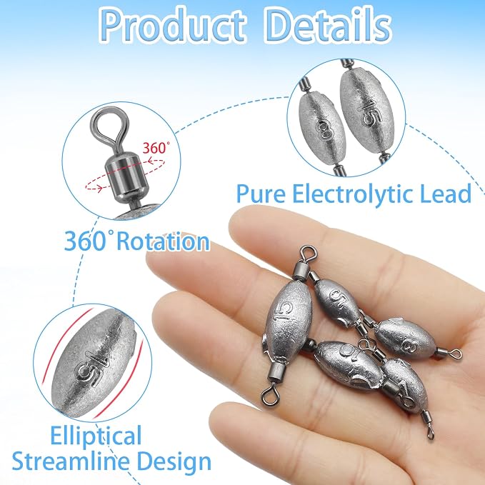 Fishing Weights Sinkers Inline Trolling Fishing Sinkers Egg sinkers with Inner Swivels Oval Drop Lead Fishing Weights for Saltwater Freshwater Fishing