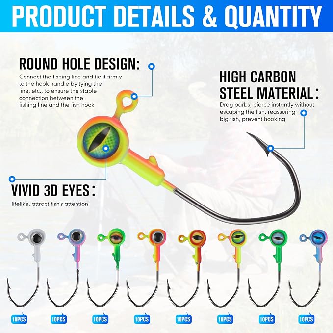 Vinsot Crappie Jig Heads 1/4oz 1/8oz 3/8oz 1/16oz 1/32oz Fishing Jig Hooks Simulation Fish Eye Ball Hook Bulk for Crappie Bass Trout Lures Gift