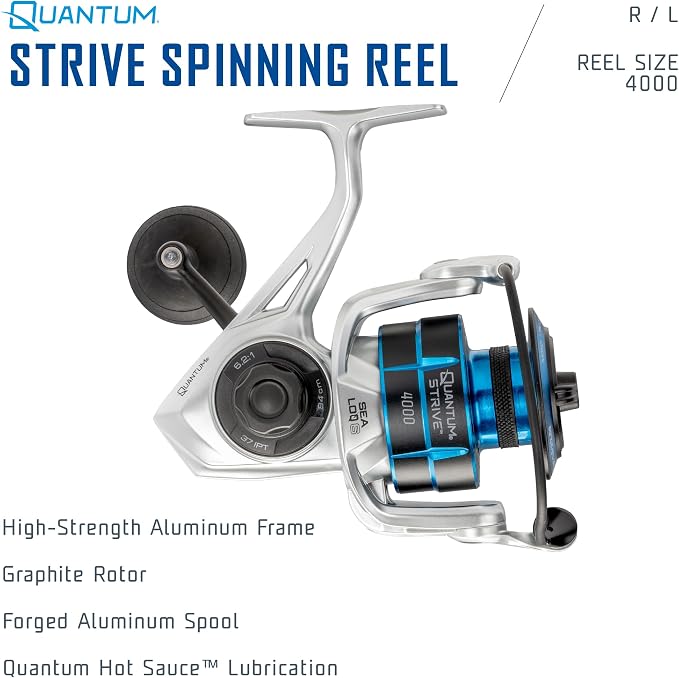 Quantum Strive Spinning Fishing Reel, Rigid Aluminum Frame, Graphite Rotor, Sealed Design, CFX200 Carbon Fiber Xtreme Drag, Silver/Blue