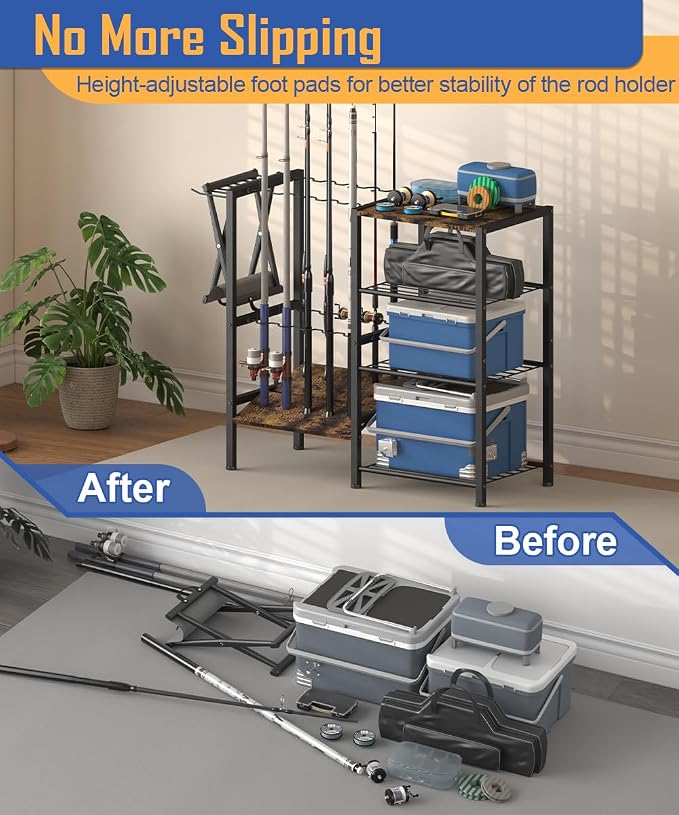Fishing Rod Holders for Garage, Fishing Pole Holder Stand with Multifunctional Hook, 4 Tier Fishing Gear Equipment Organizers Rack, Fits Most Rods of 1.58" for Home Entryway Corner