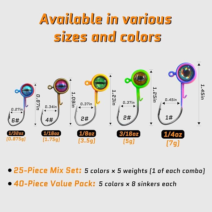 FishTrip Crappie Jig Heads, 25/40packs Fishing Jig Heads Hooks with 3D Eyes Swimbait Jig Head for Crappie Bass Fishing 1/32oz, 1/16oz, 1/8oz, 3/16oz, 1/4oz