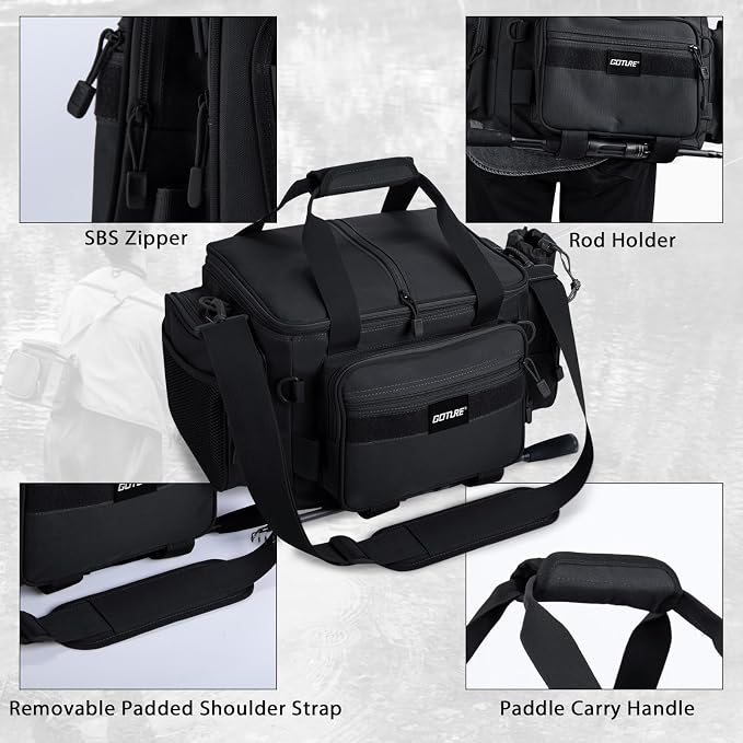 Goture Fishing Tackle Bag,Store Up to 4PCS 3700 Tackle Boxes(Not Included),600D Soft Side Water-Resistant Saltwater Gear Storage Fishing Bag with Rod Straps,Detachable Water Bottle Pouch,SBS Zippers