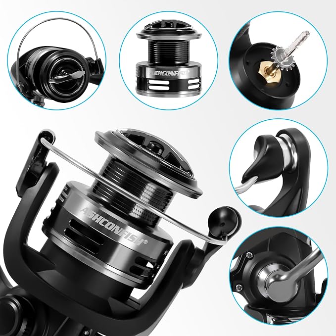 Ashconfish KF Spinning Reel, Freshwater Saltwater Spinning Fishing Reels, CNC Aluminum Spool, 5.2:1 Gear Ratio, 7+1 Ball Bearings 2 Line Cup Styles