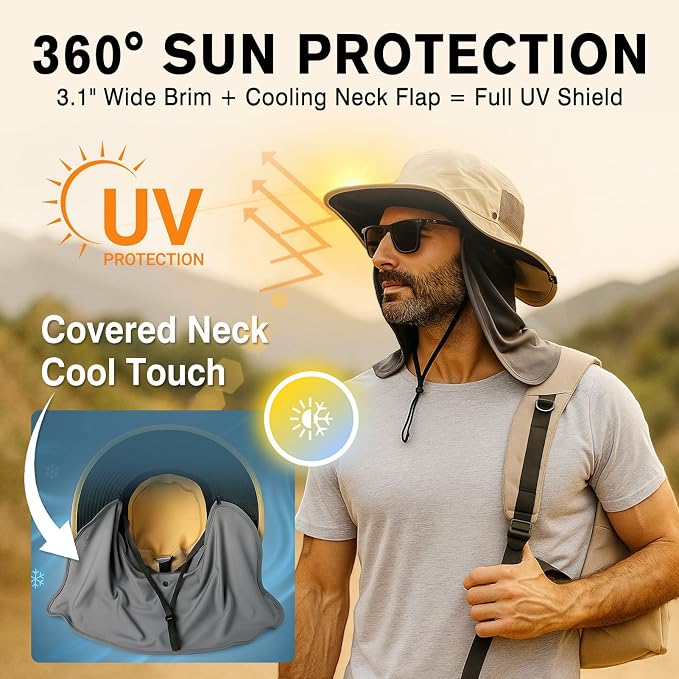 TOP-EX UVCoolix™ UV Protection Mens Sun Hat with Cooling Neck Flap Sunglass Lock Wide Brim Fishing Hats