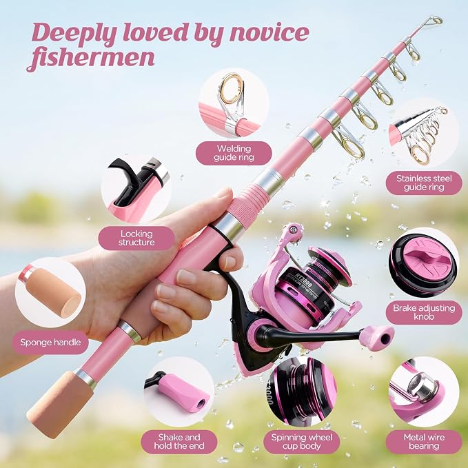 2PCS Pink Telescopic Fishing Rod Reel Combo, Portable Collapsible Spinning Pole with Smooth Reel, Lures Tackle Box Kit, Travel Bag Saltwater Freshwater Fishing Gear Gift for Women Girls Family