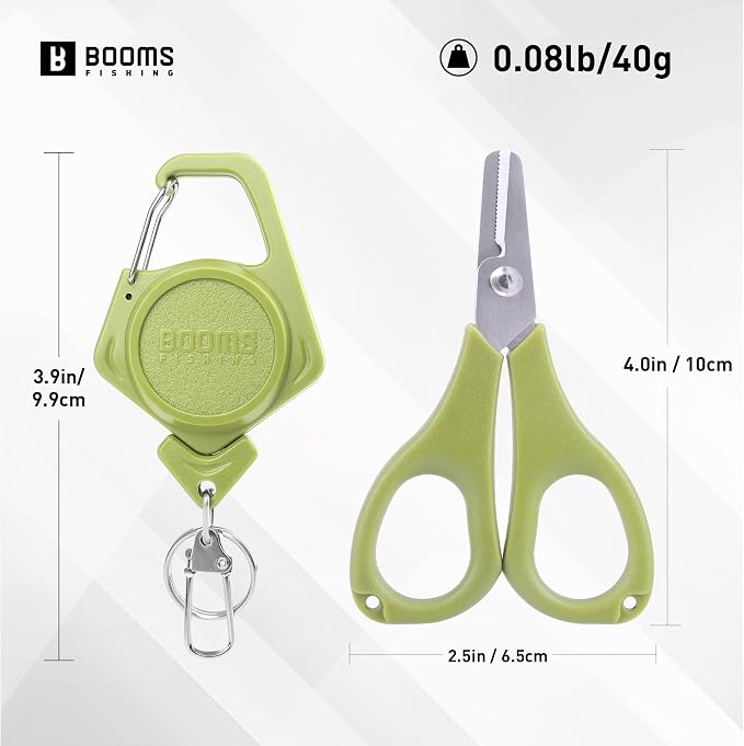 Booms Fishing Scissors for Braided Line: Braided Line Cutter with Zinger Retractor for Saltwater and Freshwater - Micro Serrated Shears Multi-Function Fishing Snips, S01 3.9" Green